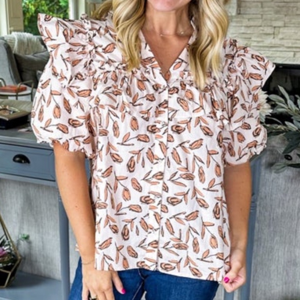 Entro Cream and Orange Ruffled Blouse with Peter Pan Collar